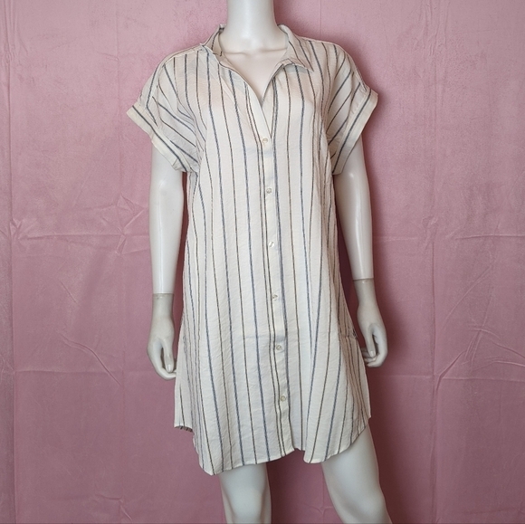Urban Outfitters White and Blue Striped Button Up Mini Shirt Dress size Large - Picture 1 of 8
